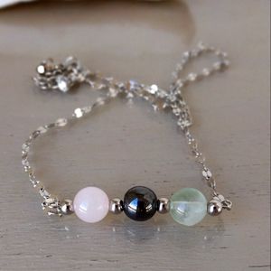 Minimalist stainless steel Rose Quartz, Hematite and Fluorite necklace.